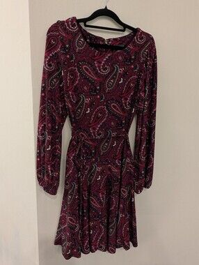 Tommy Hilfiger L/S Dress Burgundy & Green Circle Skirt Tie Belt Women's Size